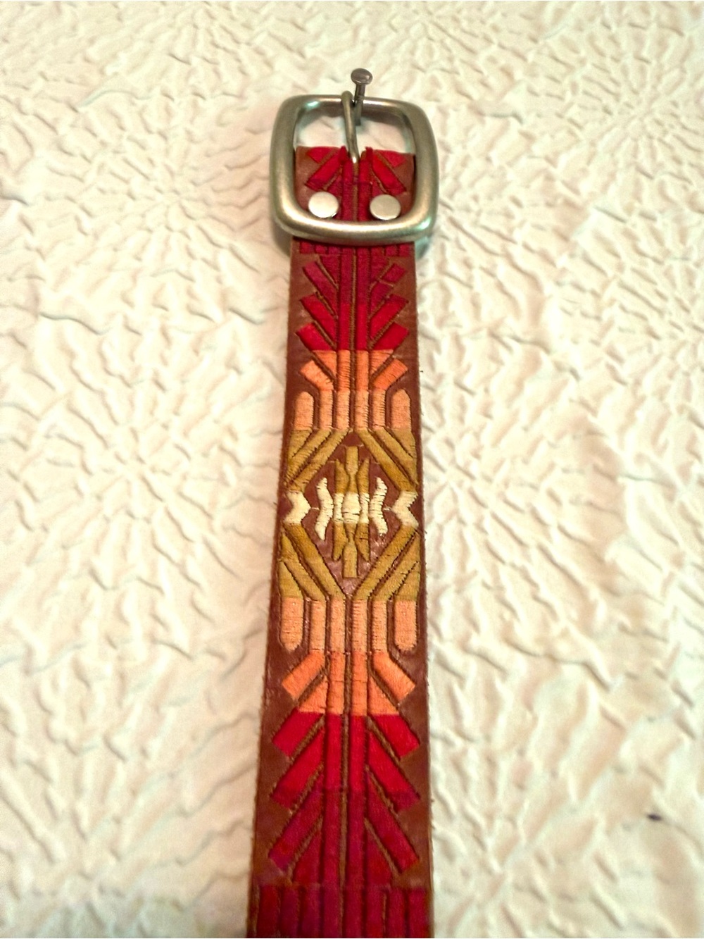 Lucky Brand Boho Leather Embroidered Geometric Women’s Belt with Silver Buckle